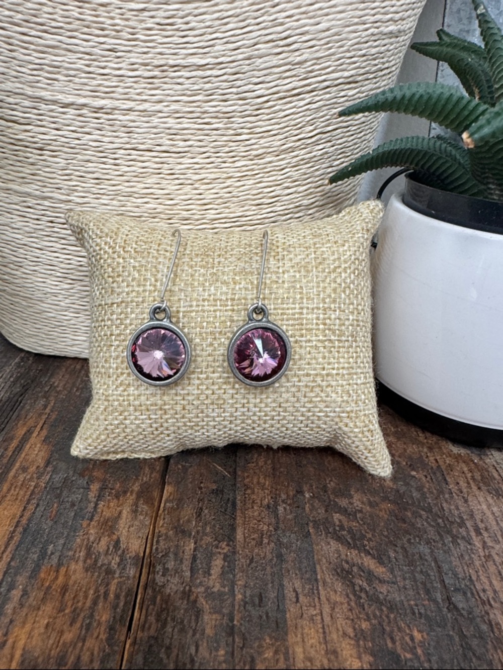 Pewter Silver Faceted Round Pink Crystal Drop Earrings